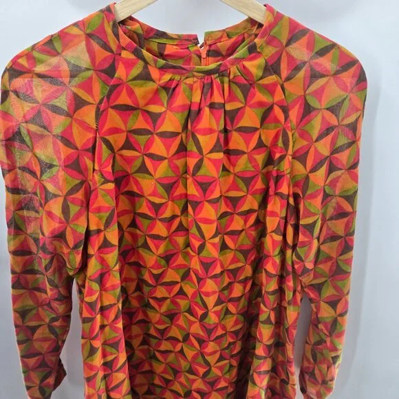 Vintage Jody of California 70s Orange Brown Green Geometric Mini Dress Flaws - Picture 3 of 14